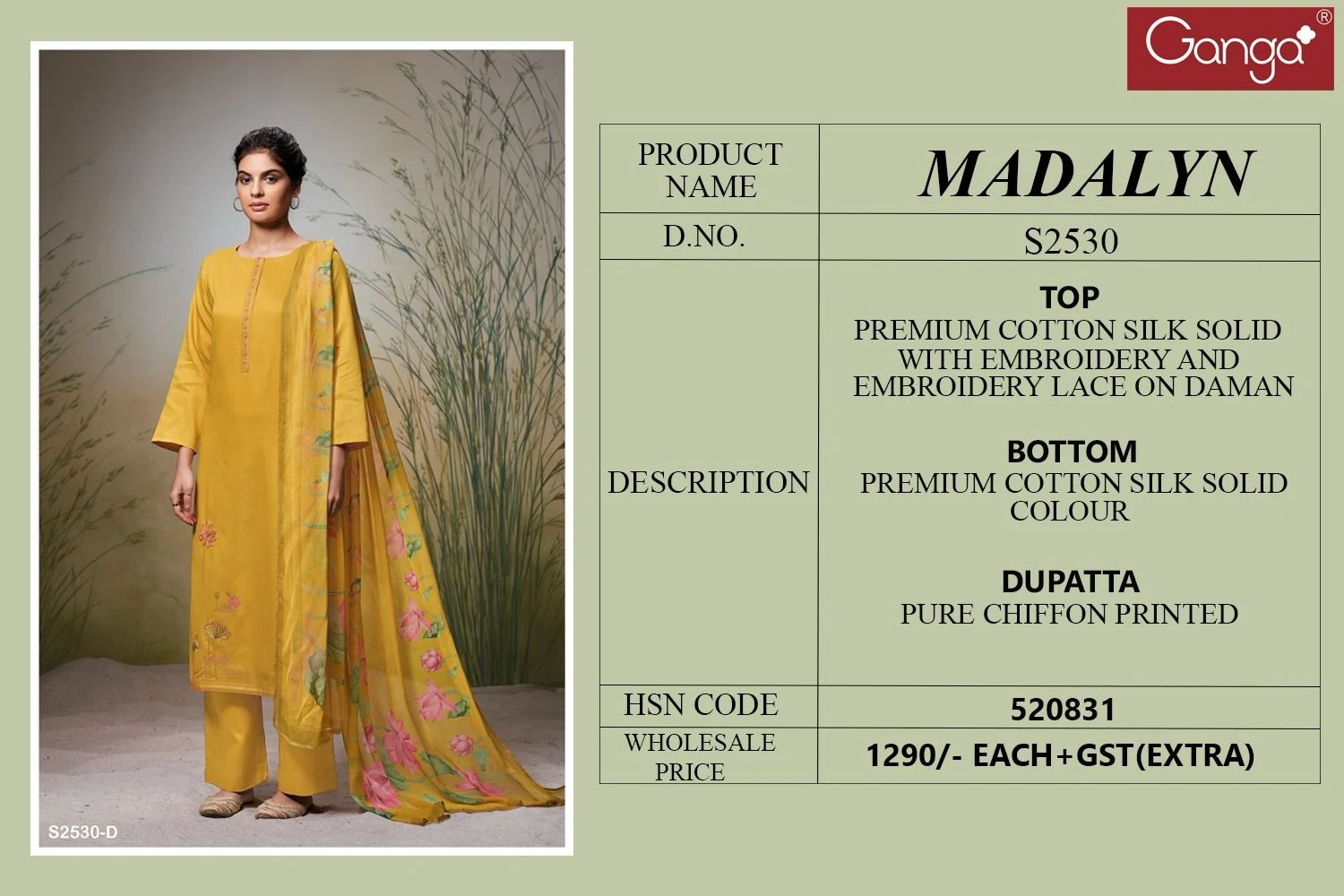 Ganga Madalyn 2530 Premium Cotton Silk Wholesale Fancy Salwar Suit Catalog — Wholesale Salwar Suits, Ganga wholesale from Surat — view 5